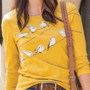 Sahalie Saturday Market Tee Mustard Bird Print NWT